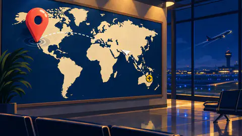 Pin Drop cover art: A coral pin drops into a blank coastline world map in a night departures hall, a dashed flight path to a yellow roundel.